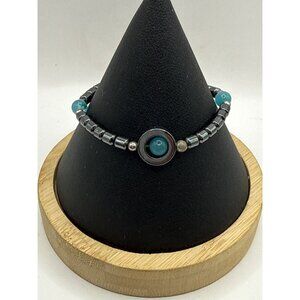 Hematite Barrel Bead Bracelet Single Blue Cat's Eye Charm Bead Unisex Boho